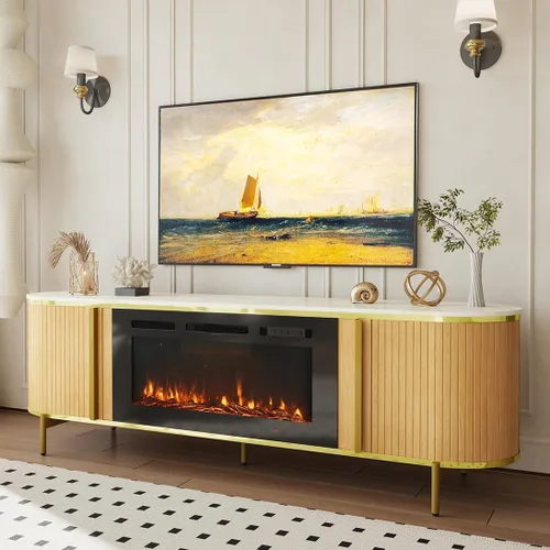 Miniatura 12 de Soporte de TV de lujo de 70 pulgadas con chimenea, moderno soporte de TV de mediados de siglo, centro de entretenimiento para televisores de hasta