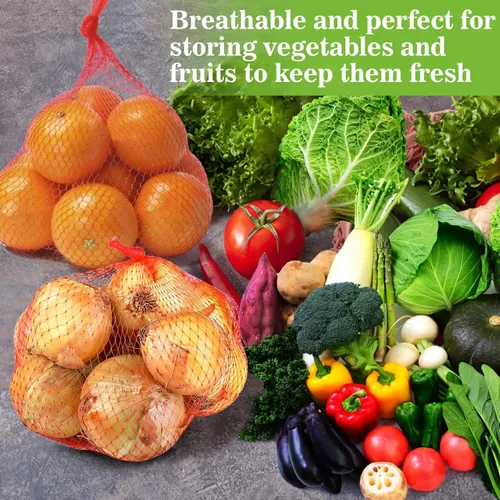 Miniatura 6 de Sukh 90 bolsas de malla para productos – Bolsas de malla para verduras de 24 pulgadas, red de almacenamiento de cebolla, red de mariscos para Rojo
