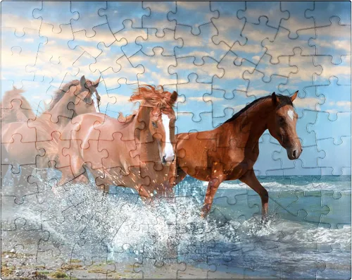 MyPuzzle Beautiful Horses Running Through The Sea On A Beach - Rompecabezas prémium de 100 piezas para adultos