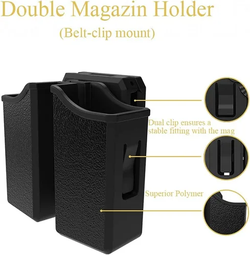 Miniatura 4 de Bolsa universal doble para revista, 0.354 in .40 .45 .357 doble pila Mag. Funda de doble pila con clip de cinturón de 1.5 a 2.5 pulgadas para Glock