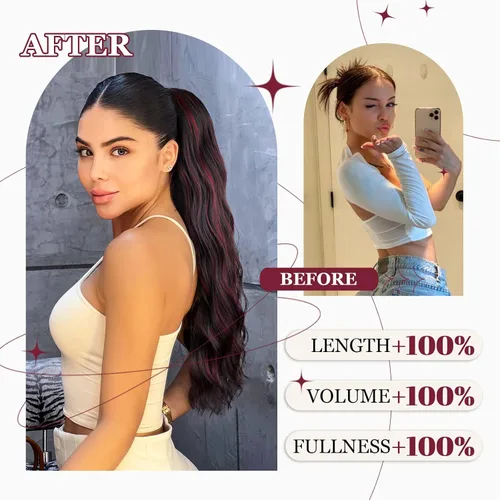 Miniatura 2 de FREEMEIGE Extensiones de cola de caballo largas onduladas con cordón para mujeres, extensiones de cabello con clip para cola de caballo, mezcla