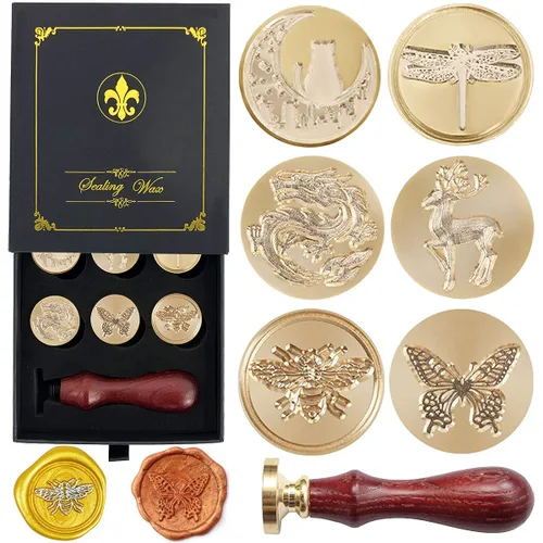 Juego de caja de regalo de sellos de cera, 6 sellos de cera de sellado, sellos de cobre, 1 empuñadura de madera, kit de sellos de cera para sobres