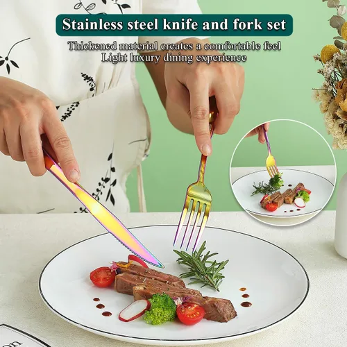 Miniatura 6 de Evanda Rainbow - Juego de cuchillos para carne, 12 piezas, acero inoxidable chapado en titanio arcoíris, 6 tenedores y 6 cuchillos de cena