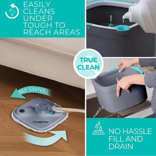 Miniatura 6 de True & Tidy True Clean Sistema de Trapeador Giratorio y Cubo – Diseño de Doble Compartimento para Agua Limpia y Sucia, Cabezal de Trapeador