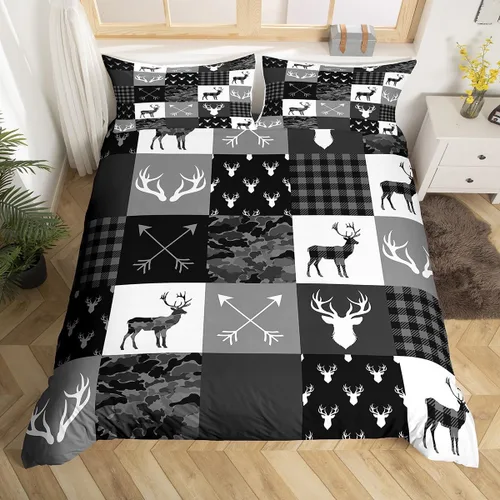 Miniatura 4 de Manfei Juego de ropa de cama de silueta de ciervo, tamaño individual, funda de edredón con patrón de flechas y cuernos con 1 funda de almohada
