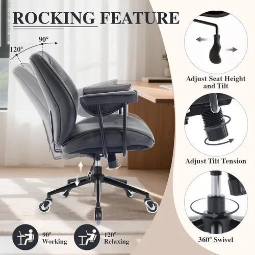 Miniatura 7 de Silla de escritorio de oficina en casa, silla retro de piel sintética con soporte lumbar y ruedas de goma, silla ergonómica de computadora