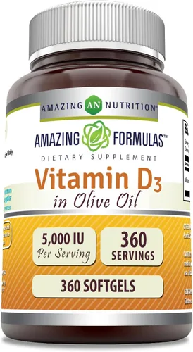 Amazing Formulas Vitamina D3 en aceite de oliva Suplemento de 5000 UI, cápsulas blandas, sin OMG, sin gluten, fabricado en Estados Unidos (paquete