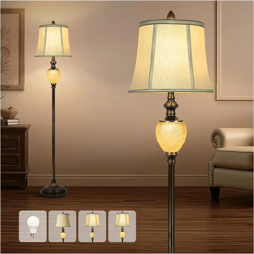Lámpara de pie vintage con luz nocturna, lámpara alta de 64" con pantalla de imitación de seda color beige, interruptor giratorio, lámpara de pie de