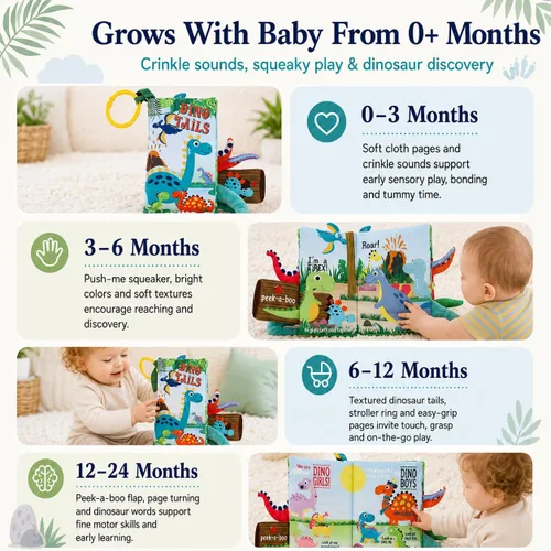 Miniatura 8 de Libros de dinosaurio para bebés de 0 a 6 meses, libros de tela arrugada para bebés, juguetes para el tacto y la sensación de la barriga para bebés