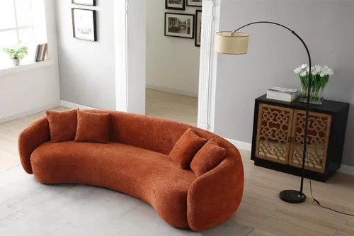 Miniatura 5 de Sofá moderno y minimalista curvado de 102 pulgadas, tapizado de tela de terciopelo de peluche, cómodo sofá de media luna de 5 plazas con 4 cojines