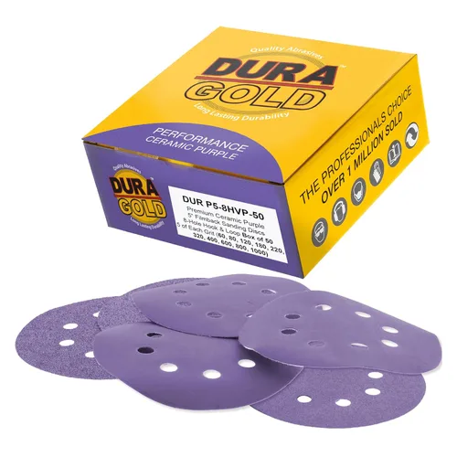 Miniatura 10 de Dura-Gold Discos de lijado de cerámica de película púrpura de 5 pulgadas, patrón de 8 agujeros, caja de 50 – Papel de lija sin polvo con gancho