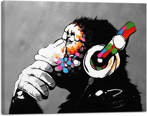 Miniatura 11 de Wieco Art Marco Negro Mono con Auriculares Banksy Arte de Graffiti Abstracto Pinturas en Lienzo Impresiones Arte de Pared en Lienzo de Animales