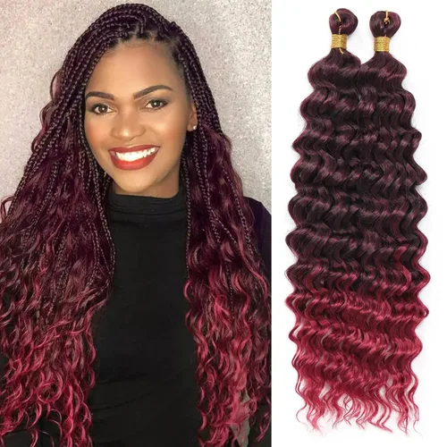 Miniatura 24 de Mezcla de cabello humano trenzado sintético bohemio para trenzar, 16 pulgadas de onda profunda a granel para trenzas bohemias, 2 piezas de cabello 1b