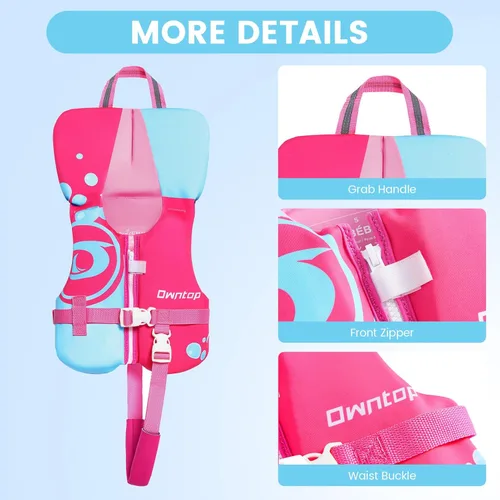 Miniatura 5 de Owntop Chaleco de natación para niños pequeños, chaqueta flotante, ayuda de natación para niños de 20-30-40-50 libras con correas de seguridad azul