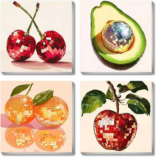 Canrichshop Paquete de 4 Bola de Discoteca DIY Pintar por Números para Principiantes, Pintura al Óleo de Frutas Kits de Pintar por Números para