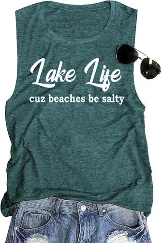 Camiseta sin mangas con gráficas para mujer, camiseta sin mangas con estampado de Lake Life, bonito estampado divertido, vacaciones de verano,
