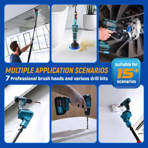 Miniatura 8 de Taladro telescópico inalámbrico 2 en 1, herramienta de limpieza de taladro de potencia máxima de 20 V con 2 baterías y cargador de 2.0 A, poste