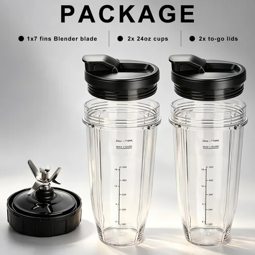 Miniatura 5 de Piezas de repuesto para licuadora Ninja, paquete de 2 vasos de licuadora Ninja de 24 onzas y tapas de sellado, cuchilla de repuesto de licuadora