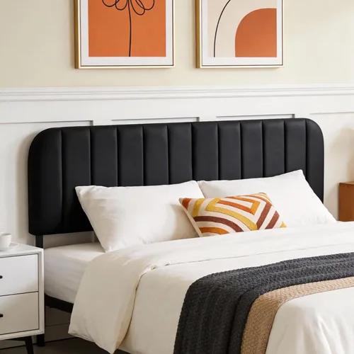 Miniatura 17 de Cabecera tapizada de altura ajustable, cabecera de terciopelo crema, diseño moderno de canal vertical con borde superior de silueta escalonada Beige