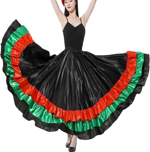 Falda larga de baile para adultos, color negro, rojo, verde, falda folklórica para disfraz de Halloween flamenco mexicano