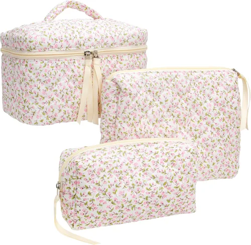 Miniatura 7 de PAZIMIIK - Bolsa de maquillaje de algodón para mujer, grande, acolchada para viaje, Rosa (Bow Pink), Vintage
