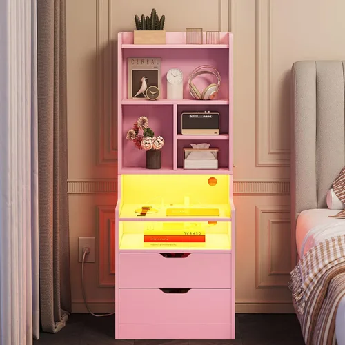 Miniatura 10 de BTHFST Mesita de noche alta con luces LED y estación de carga, mesita de noche LED negra con estantes y 2 cajones, mesita de noche con estantería