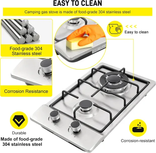 Miniatura 4 de Cocina de gas de 12 pulgadas, estufa de gas integrada de 2 quemadores de acero inoxidable con kit de conversión de NG/LPG, protección de termopar