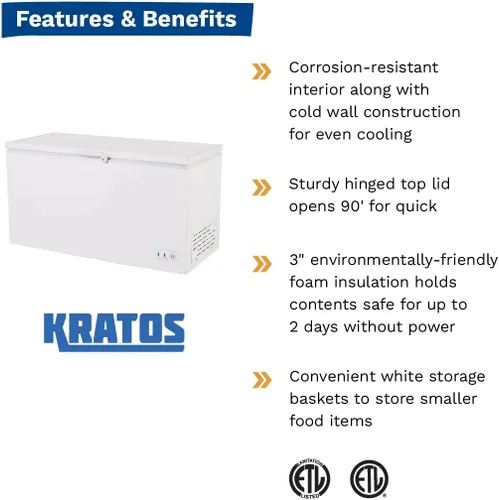 Miniatura 7 de Kratos Congelador comercial de pecho, capacidad de 15.4 pies cúbicos, parte superior sólida, blanco, almacenamiento grande (69K-748)