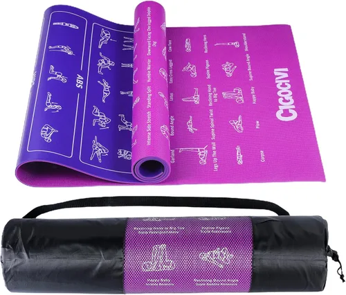 Instructional Travel Yoga Mat with 75 Asanas Poses & Exercises - Exercise Mat for Home Workout, Includes Carrying Bag, 68"x24"x0.25" Violeta/Azul