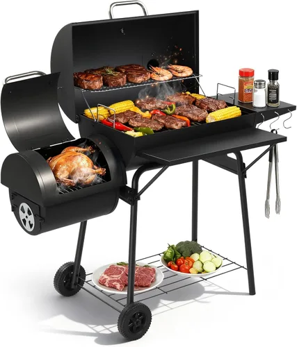 VINGLI Parrilla de Carbón Tipo Barril con Ahumador Lateral, Malla de Carbón con Elevación Incorporada, Combo Grande de Parrilla Ahumadora de