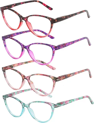 Miniatura 3 de Przene Paquete de 4 lentes de lectura con bloqueo de luz azul, lectores para mujeres y hombres con bisagra de resorte Floral Rojo/Púrpura/Rosa/Azul