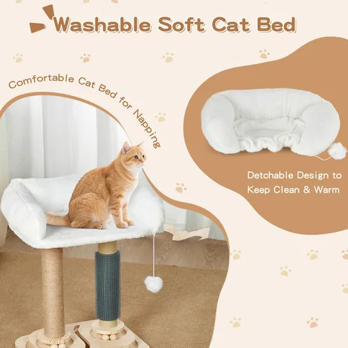 Miniatura 3 de Poste rascador con cama para gatitos pequeños de interior, árbol para gatos 4 en 1 con auto peluquería, bolas de pista, torre de sisal natural