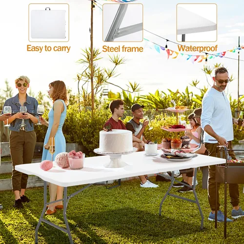 Miniatura 4 de Mesa de comedor de 6 pies, mesa plegable de plástico, para acampar en interiores y exteriores, picnics y fiestas, color blanco, capacidad de carga