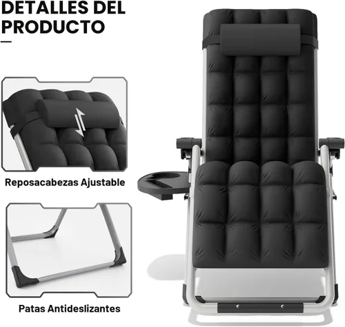 Miniatura 13 de MoNiBloom Silla reforzada de gravedad cero, tumbona plegable para piscina y playa, tumbona de bronceado portátil con cojín, reposacabezas y bandeja