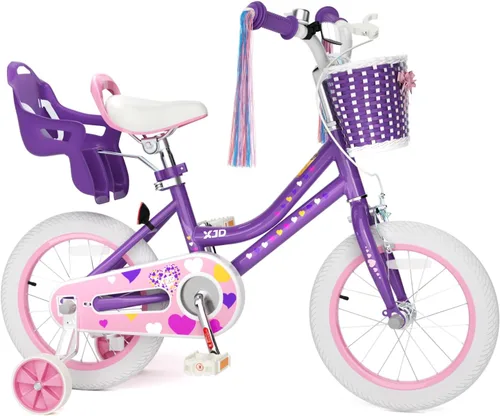 Miniatura 12 de XJD Bicicleta para niñas de 2 a 12 años, bicicleta para niños de 12, 14 y 16 pulgadas, con ruedas de entrenamiento, serpentinas, cesta y asiento