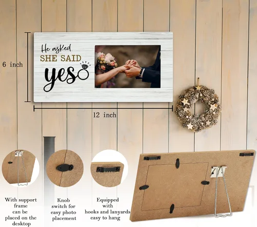 Miniatura 6 de SRADMO Marco de fotos con texto en inglés «He Asked and She Said Yes», regalos románticos, marco de fotos de madera de 12 x 6 pulgadas para parejas