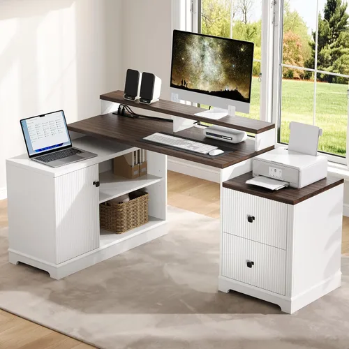Miniatura 10 de 67" L Shaped Executive Desk with Drawers & Storage Shelf, Corner Computer Desk with Power Outlets, Home Office Desk with Monitor Stand, Printer
