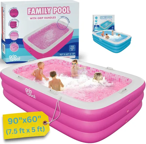 Inflable para niños y adultos de 90 x 60 pulgadas (7.5 x 5 pies) con suelo acolchado suave, asas y drenaje, piscina para niños, piscina grande para