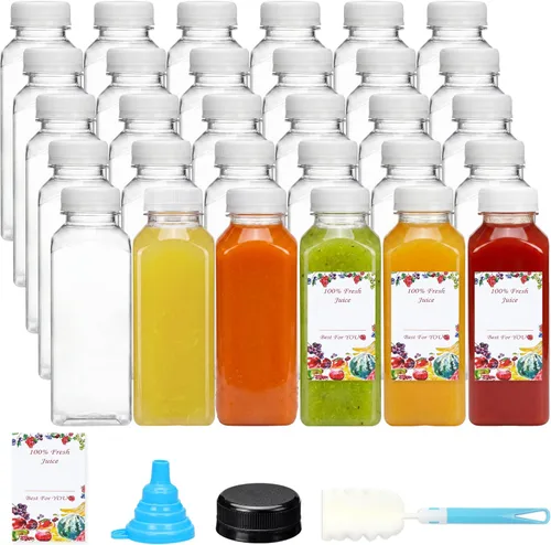 Miniatura 11 de SUPERLELE 10 botellas de plástico para jugo de 12 onzas con 10 tapas negras y 10 tapas azules, recipientes de jugo reutilizables con tapas