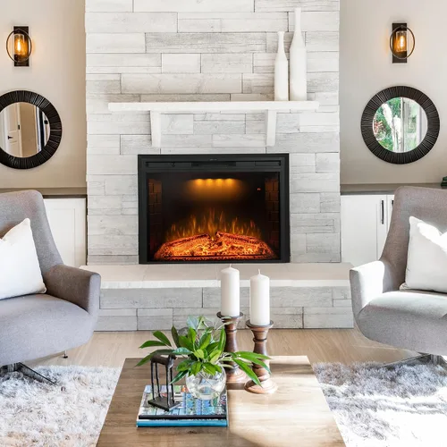 Miniatura 5 de Insertos de chimenea eléctrica de 33 pulgadas, chimenea eléctrica empotrada y construida en la pared con sonido de crepitación de fuego, luz