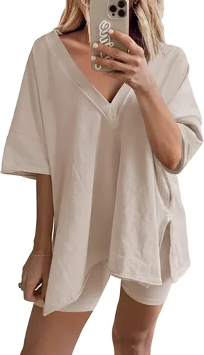 Yanekop Conjunto de 2 piezas de gran tamaño para mujer, camiseta reversible con cuello en V, pantalones cortos de motociclista, ropa deportiva