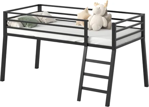 Lutown - Cama baja de metal para adolescentes, tamaño individual, con escaleras y protección, color negro | Small Bedroom, Kids Room, 28.8 Inch