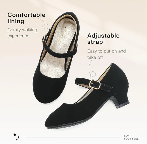 Miniatura 3 de Dufannie Zapatos de vestir para niñas, zapatos de tacón bajo de princesa, zapatos planos con purpurina para bodas y fiestas