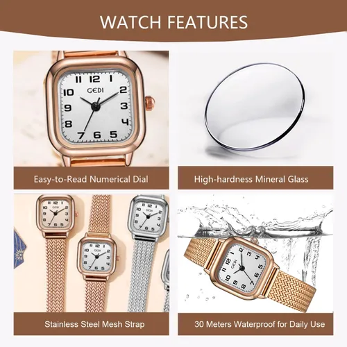 Miniatura 5 de Reloj cuadrado de oro rosa para mujer con esfera de números arábigos pequeños, pulsera de acero inoxidable, movimiento de cuarzo, resistente al agua