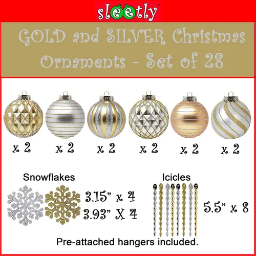Miniatura 3 de Paquete de 28 adornos de bolas de Navidad doradas y plateadas para decoraciones de árboles - Juego de bolas de plástico irrompibles, carámbanos