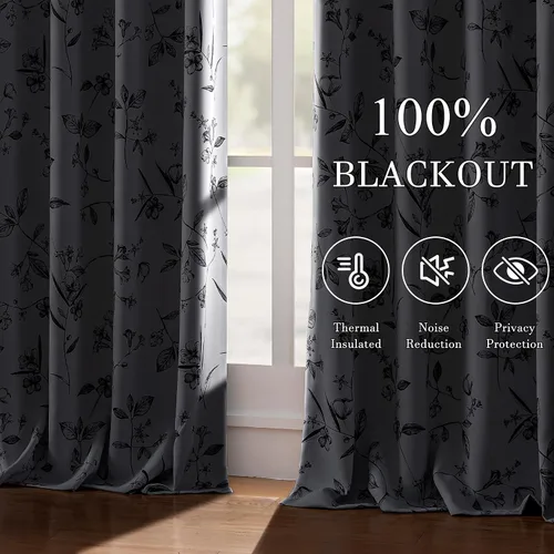 Miniatura 2 de ChrisDowa Cortinas florales 100% opacas de 63 pulgadas de largo, 2 paneles para dormitorio, sala de estar, estampado de flores negras
