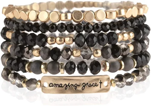 RIAH FASHION Pulseras inspiradoras apilables con cuentas multicapa, piedra natural, hilo elástico drusa, brazalete de oración con cruz cristiana
