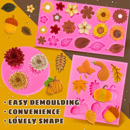 Miniatura 3 de Whaline 3 moldes de silicona 3D con diseño floral de otoño para calabaza, hoja de arce, flor de pino, patrón de cono, moldes de resina, moldes