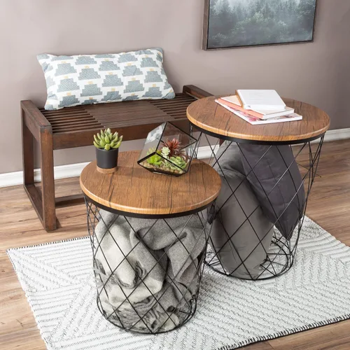Miniatura 5 de Lavish Home - Juego de 2 mesas auxiliares con tapas de madera extraíbles y bases de metal para almacenamiento de mantas, muebles laterales redondos