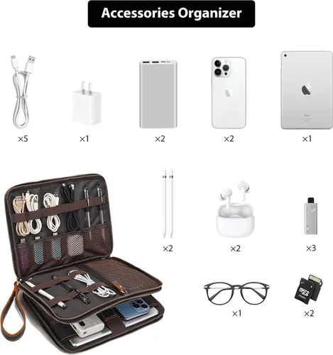 Miniatura 3 de LANNSYNE Bolsa de accesorios de cable de viaje de cuero de grano completo, organizador electrónico, estuche de almacenamiento de doble capa